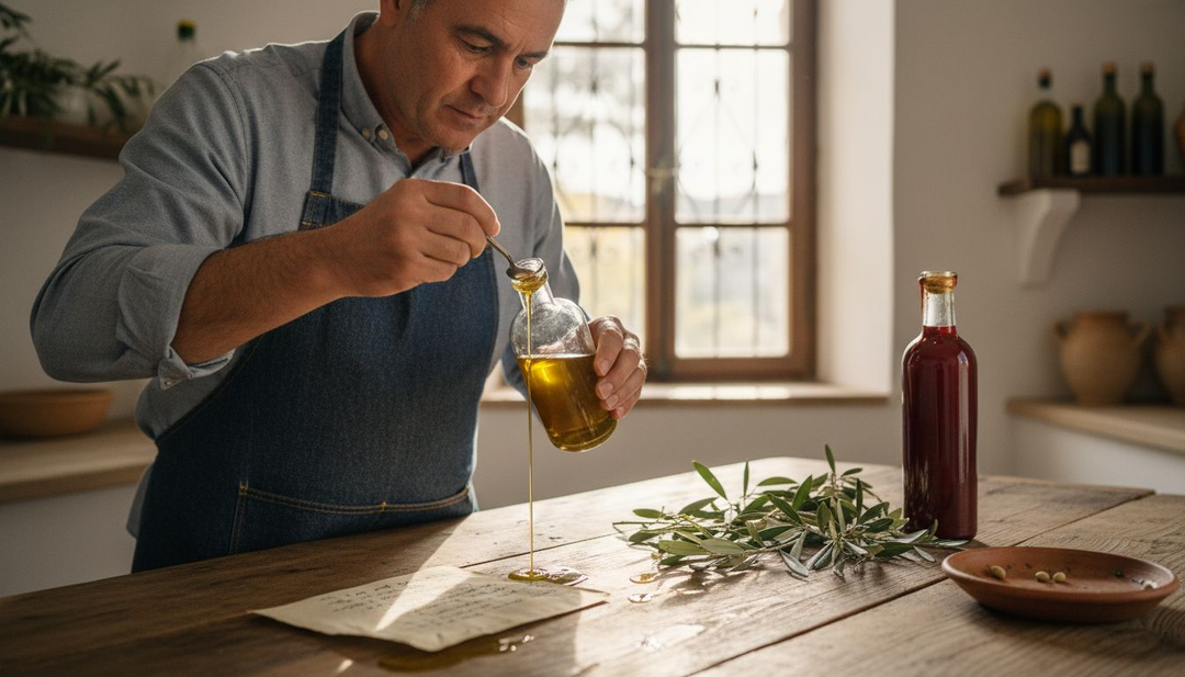 Person tasting gourmet olive oil at kitchen table