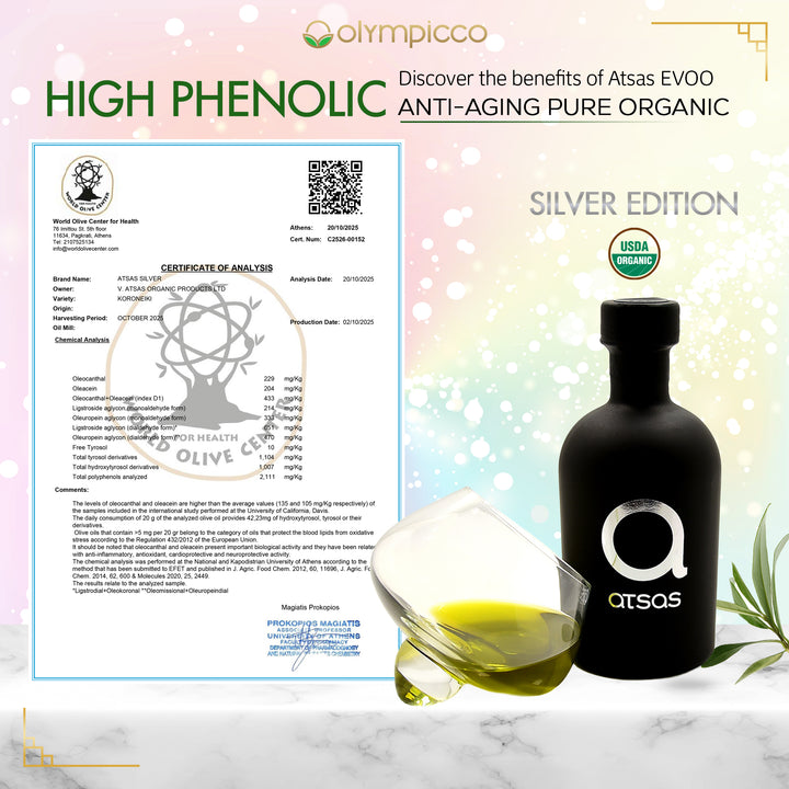 Atsas - Pure Organic Evoo - High Phenolic Content - Harvest 2024/2025 | 100ml & 250ml - OLYMPICCO.COM