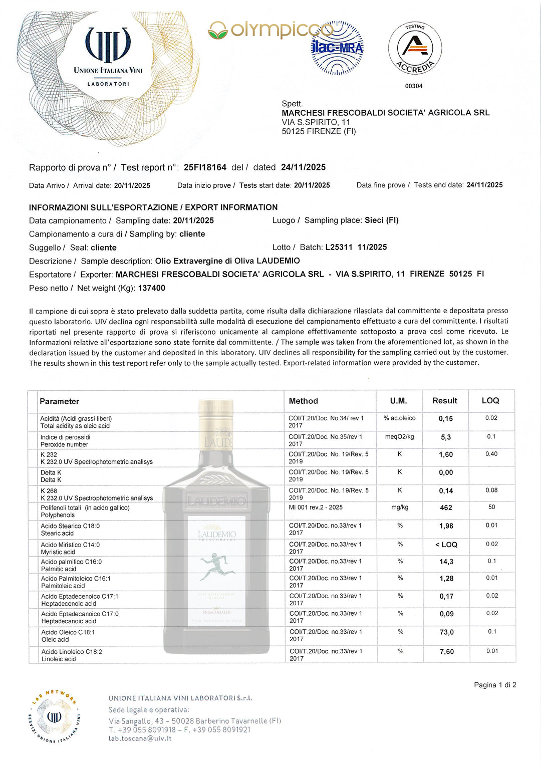 Frescobaldi Laudemio Extra Virgin Olive Oil - Harvest 2025/2026 - OLYMPICCO.COM