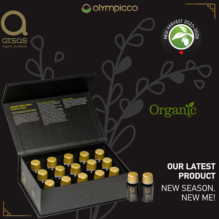 Atsas Organic EVOO Natural Food Supplement luxury pack containing 15x10 ml bottles in a stylish black box.