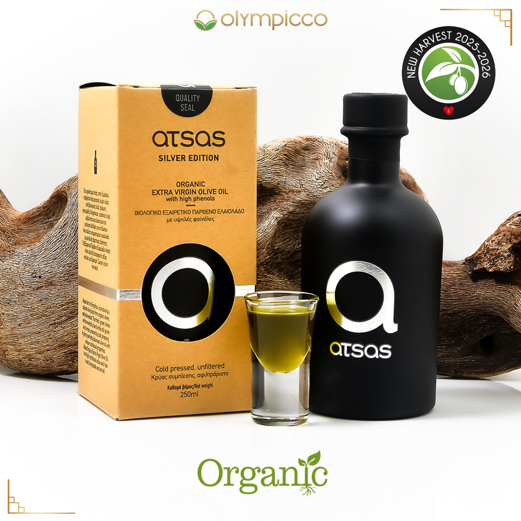 Atsas - Pure Organic Evoo - High Phenolic Content - Harvest 2025/2026 | 100ml & 250ml Olive oil bottle and packaging with 'atsas' branding on a white background
