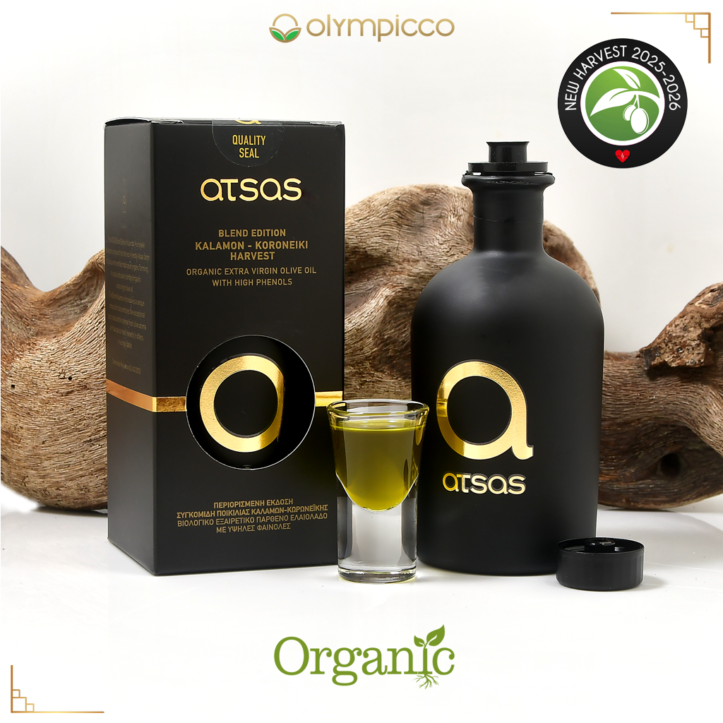Atsas Organic Extra Virgin Olive Oil Extremely High Phenolic - Gold Blend Limited Edition 250ml - Black bottle and packaging of Atsas olive oil with a glass of olive oil on a white background.