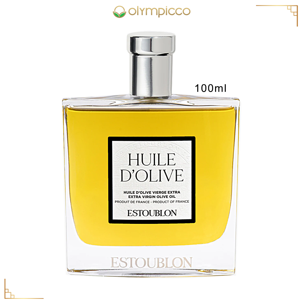 Bottle of Huile d'Olive Estoublon olive oil with a yellow label on a white background