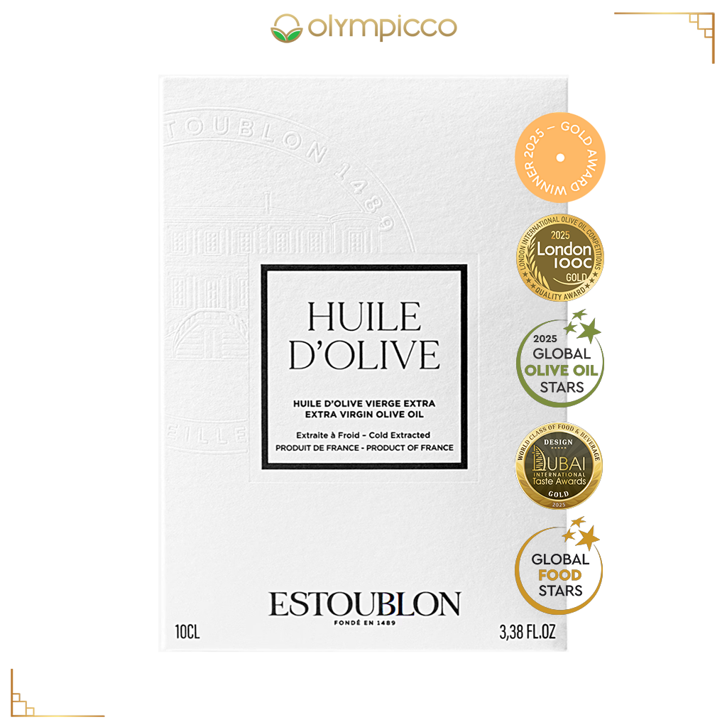Estoublon olive oil packaging with Olympicco branding and awards on a white background