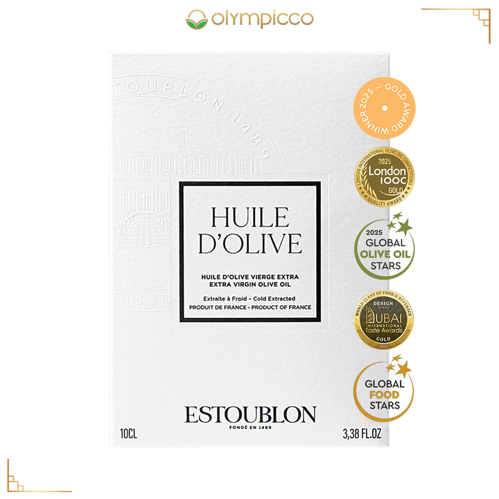 Estoublon olive oil packaging with Olympicco branding and awards on a white background