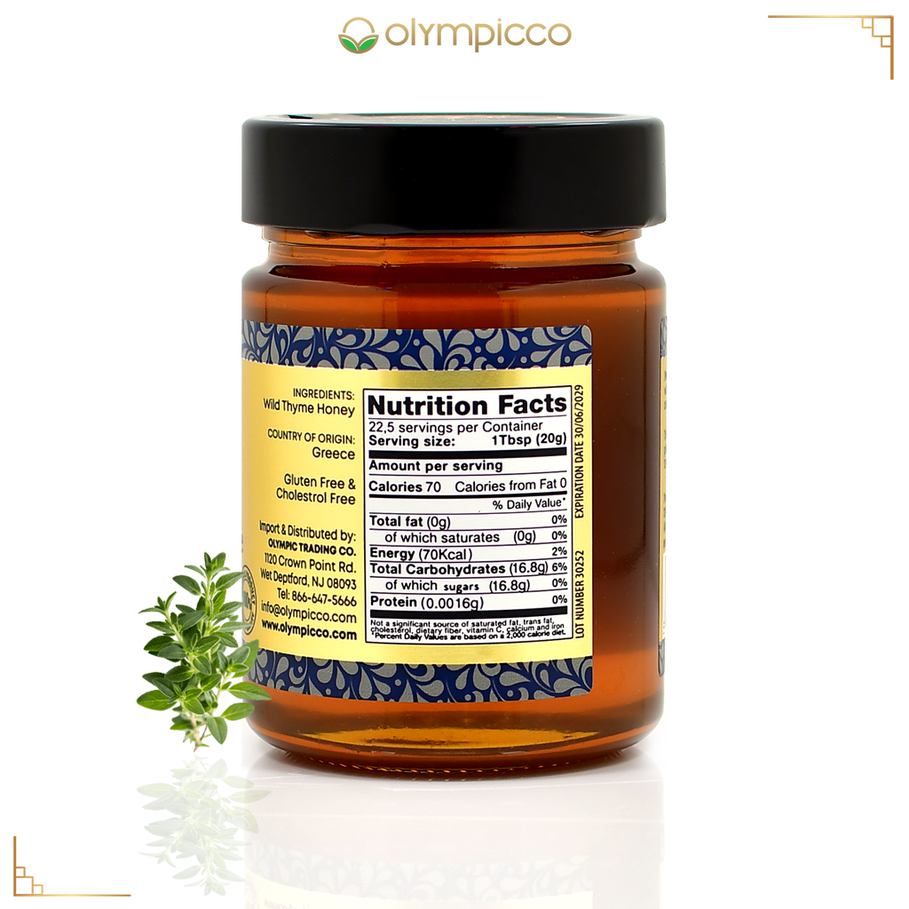 Wild thyme honey, premium Greek honey in glass jar, raw thyme honey nutrition facts
