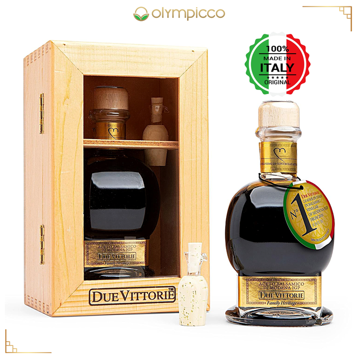 Due Vittorie Famiglia Gold IGP Extra Dense Balsamic Vinegar - With Wooden Box and Pourer - OLYMPICCO.COM