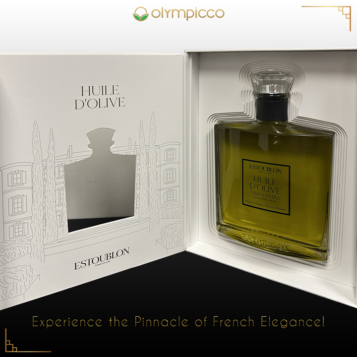 Flacon Couture Bottle of Huile d'Olive Estoublon in a decorative box with 'Olympicco' branding.