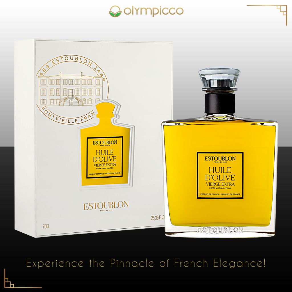 Estoublon olive oil bottle Flacon Couture Extra Virgin Olive Oil Grand Cru  Luxury Gift Box 750ml and packaging on a black and white background.