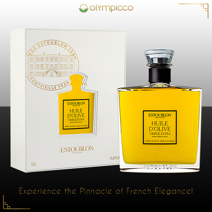 Estoublon olive oil bottle Flacon Couture Extra Virgin Olive Oil Grand Cru  Luxury Gift Box 750ml and packaging on a black and white background.