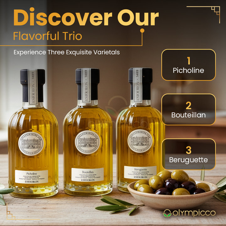 A close-up shot of the three bottles arranged neatly in the Estoublon Extra Virgin Olive Oil Discovery Gift Box