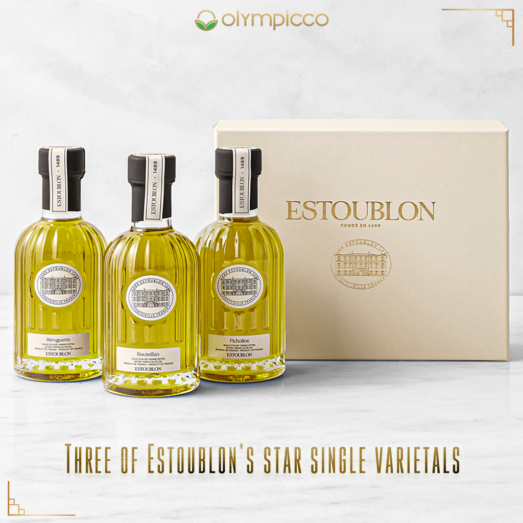 ESTOUBLON Extra Virgin Olive Oil Discovery Gift Box Single Variety Set of x3 Close-up shot of the three bottles arranged neatly