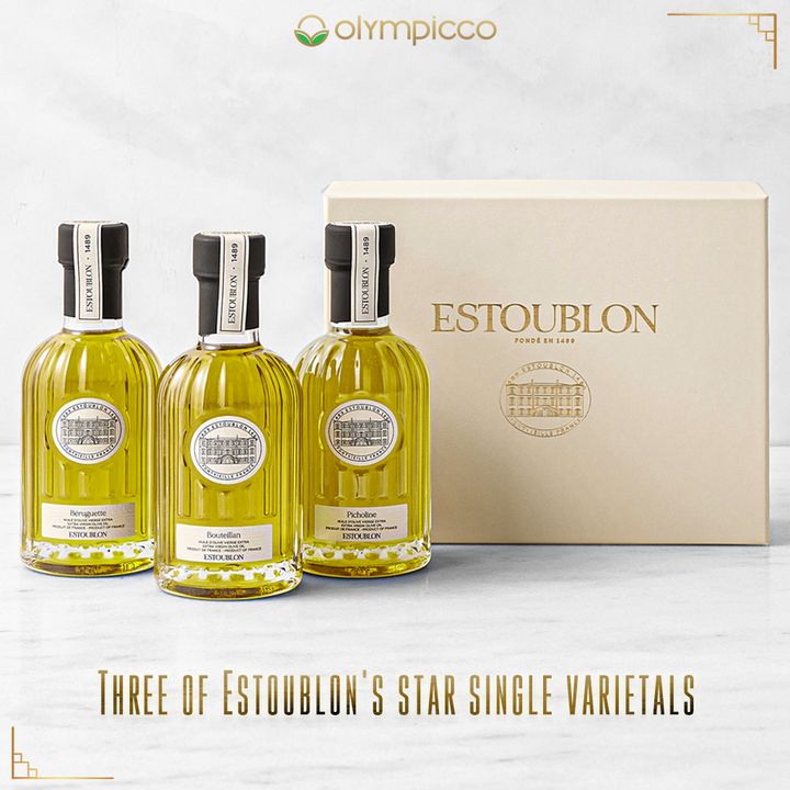 ESTOUBLON Extra Virgin Olive Oil Discovery Gift Box Single Variety Set of x3 Close-up shot of the three bottles arranged neatly