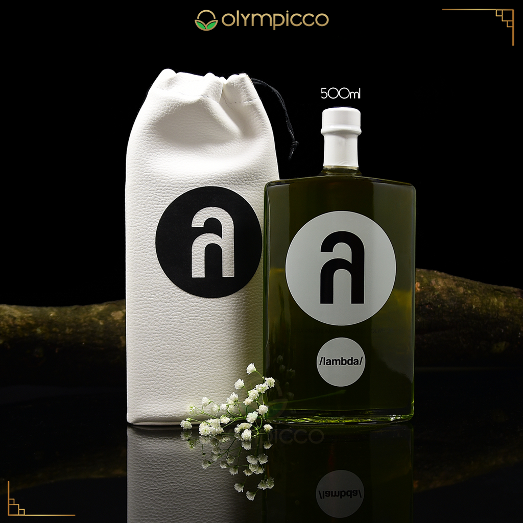 Lambda Ultra-Premium Extra Virgin-500ml Olive oil bottle with a white drawstring bag and 'olympicco' branding on a dark background.