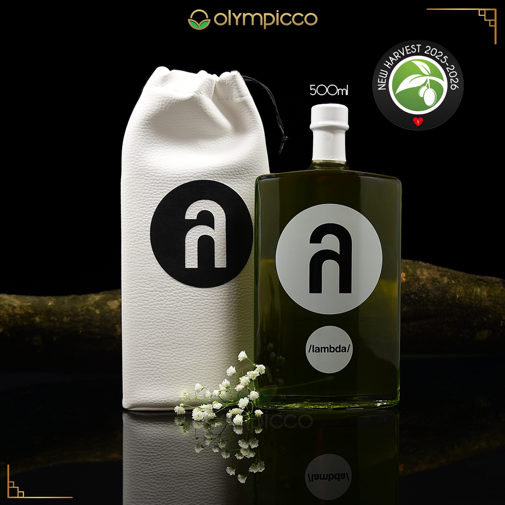 Lambda Ultra-Premium Extra Virgin-500ml Olive oil bottle with a white drawstring bag and 'olympicco' branding on a dark background.