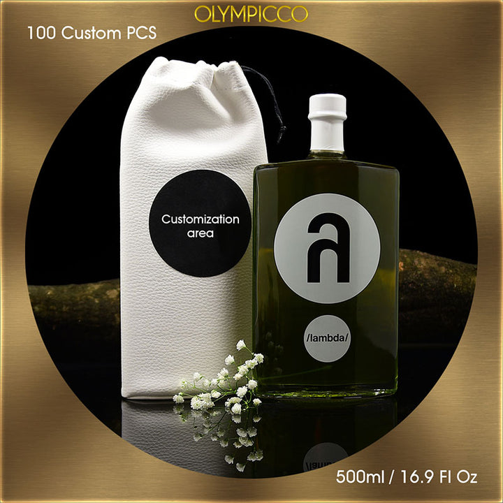 Lambda Ultra-Premium Olive Oil – Free Custom Branded Logo - Hand Sewn Leather Pouch Edition - OLYMPICCO.COM