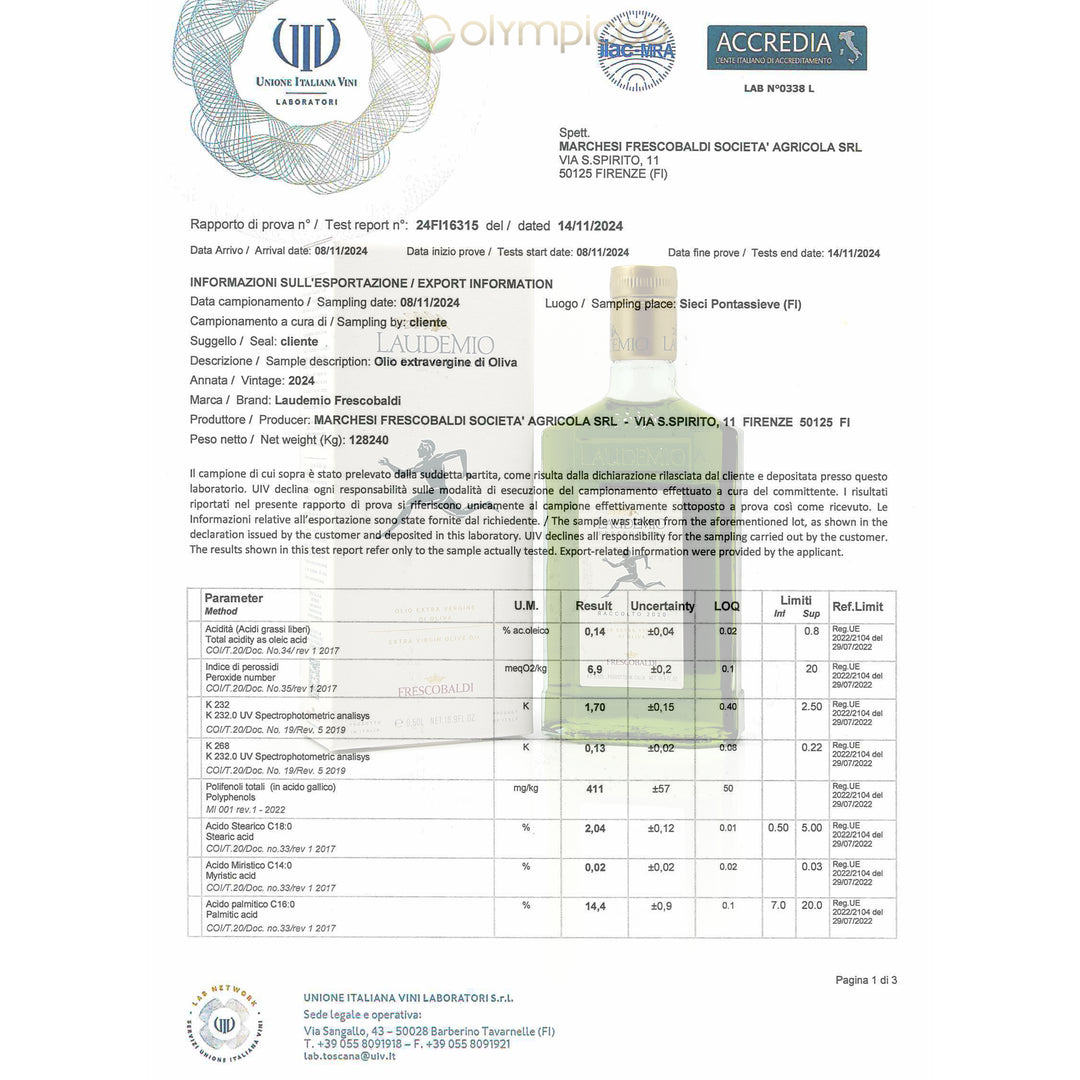 Frescobaldi Laudemio Extra Virgin Olive Oil - Certificate of Analysis 2024 
