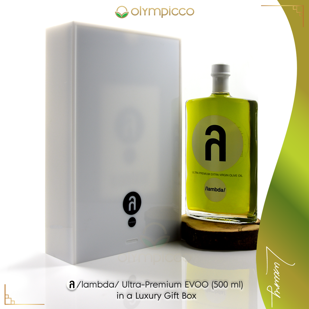 Green olive oil bottle with white cap and 'lambda' branding next to a white box, featuring Olympicco branding luxury evoo.