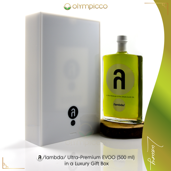 Green olive oil bottle with white cap and 'lambda' branding next to a white box, featuring Olympicco branding luxury evoo.