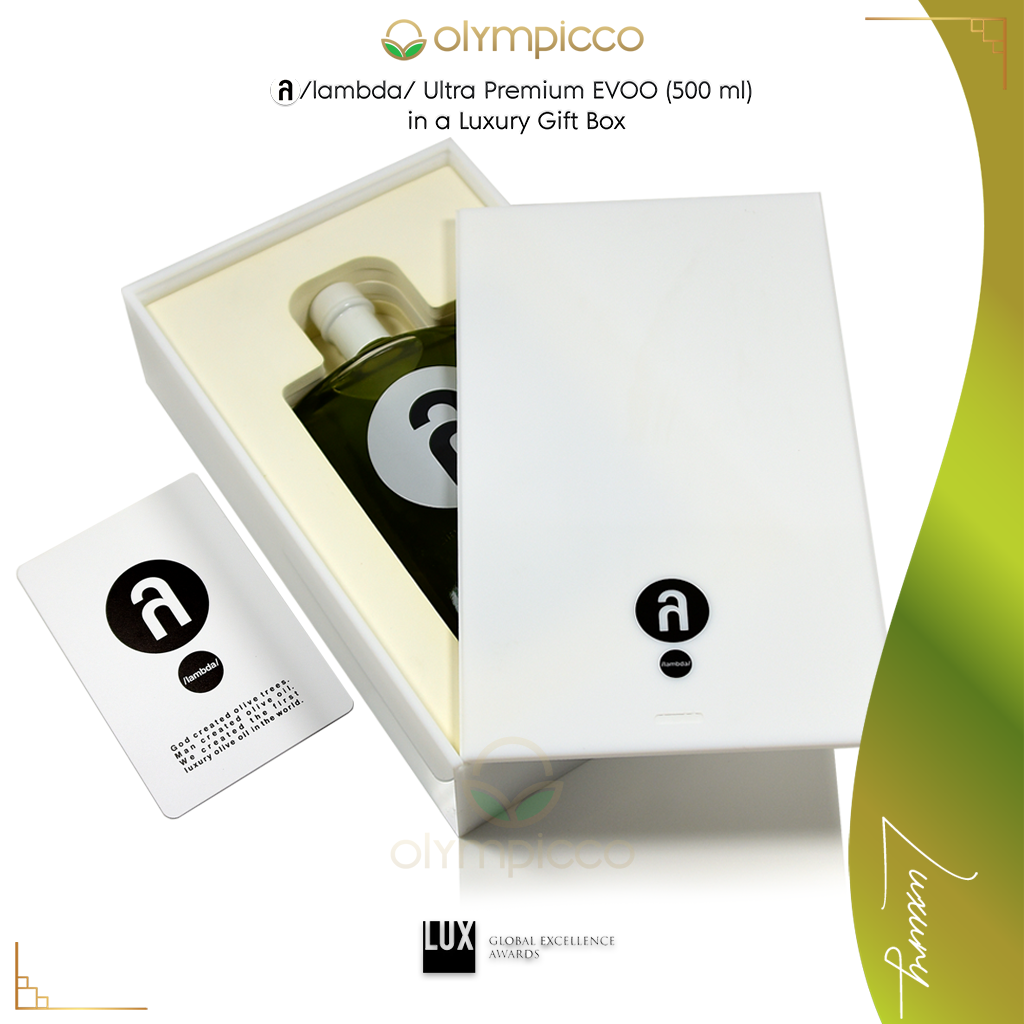 λ /lambda/ Lambda Ultra-Premium Extra Virgin Olive Oil Luxury Gift Box 500ml  olive oil bottle in a luxury gift box with visible branding.