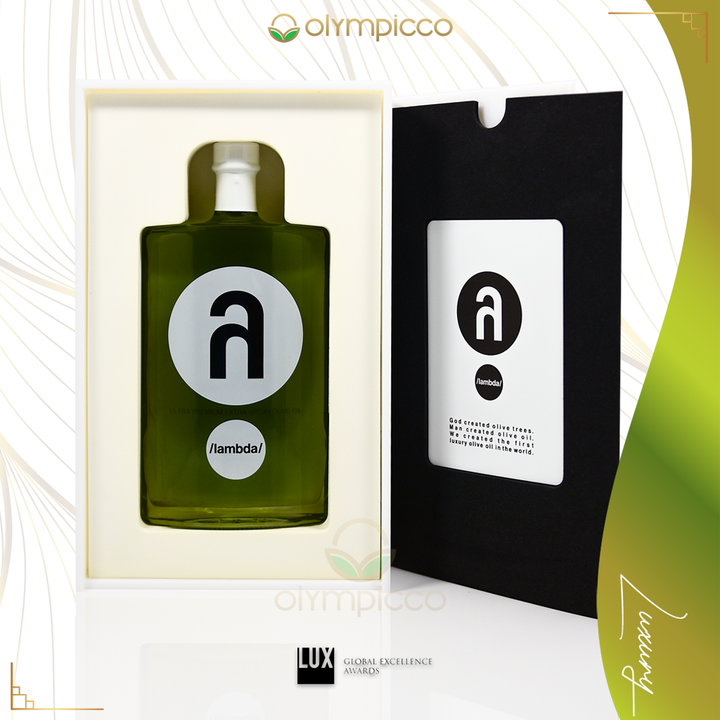 λ /lambda/ Lambda Ultra-Premium Extra Virgin Olive Oil Luxury Gift Box 500ml Green bottle with a logo in a box, featuring Olympicco branding.