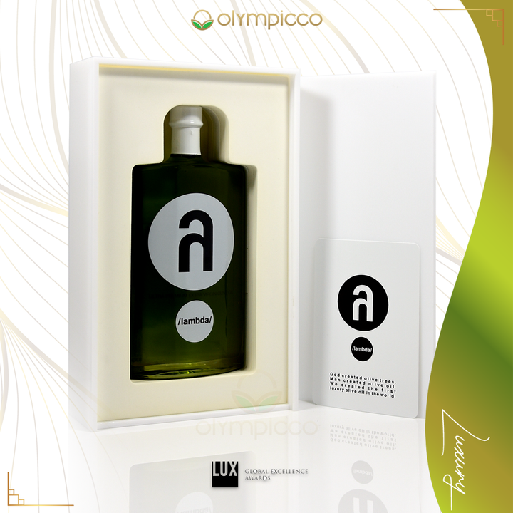 λ /lambda/ Lambda Ultra-Premium Extra Virgin Olive Oil Luxury Gift Box 500ml Green bottle with a logo in a white box, branded 'Olympicco'.