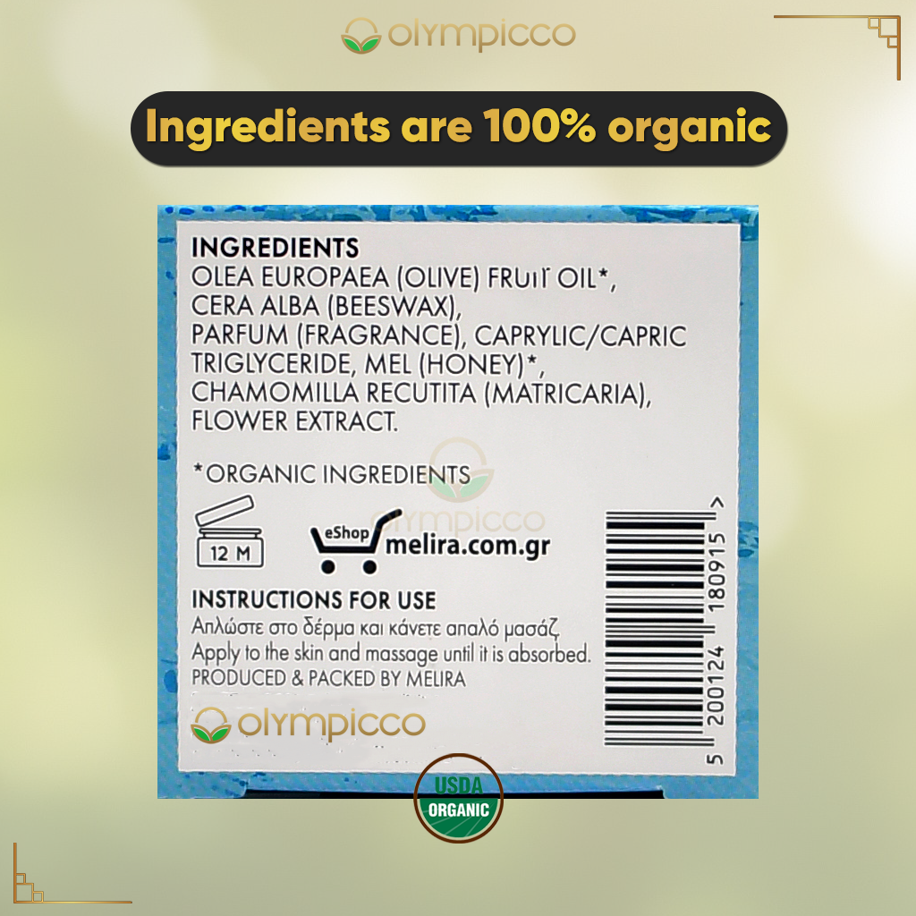 Melira Beeswax Balm with Chamomile, Bio Thyme Honey & Organic Olive Oil | Dermatologically Tested | Made in Greece - OLYMPICCO.COM