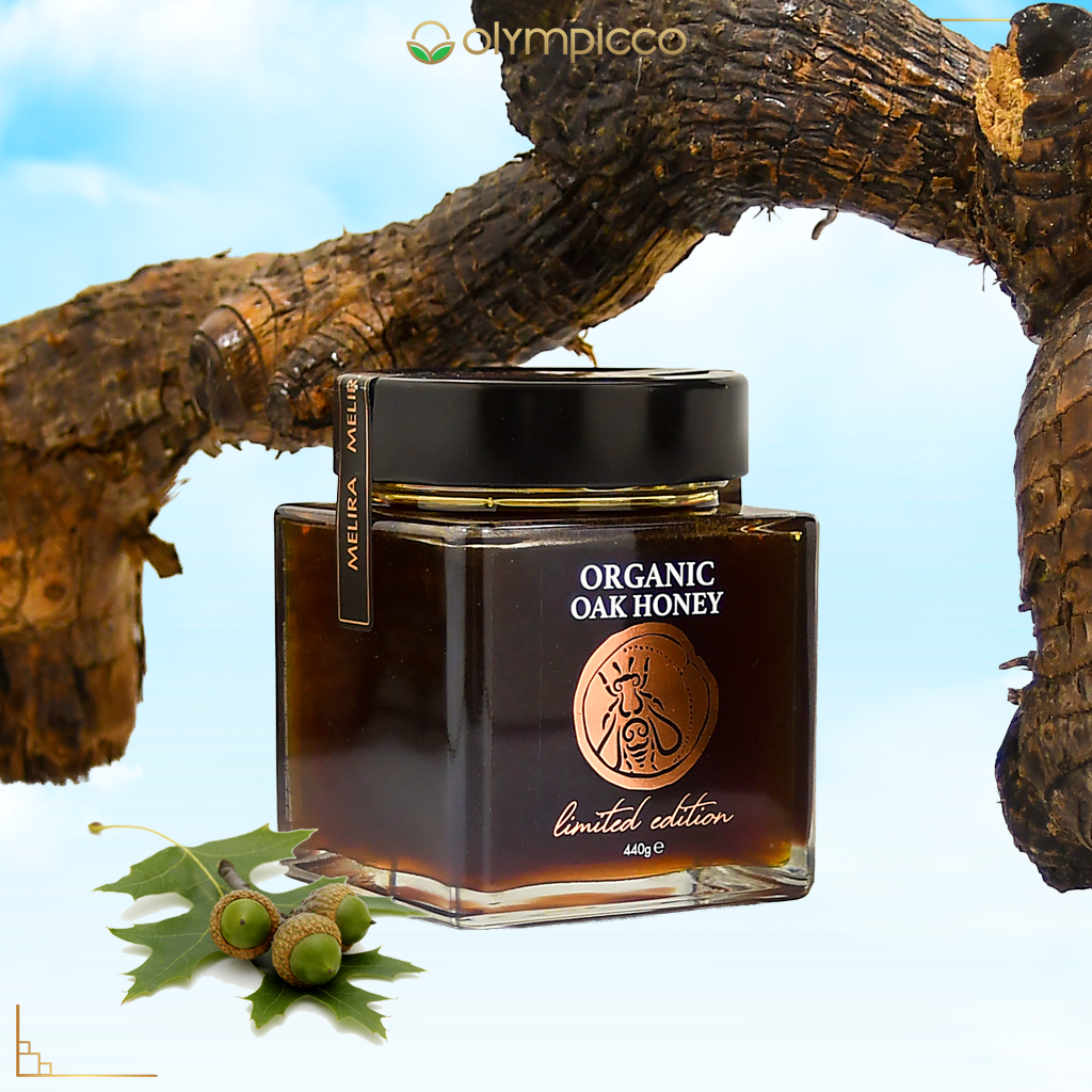 Jar of organic oak honey with a tree branch and acorns in the background