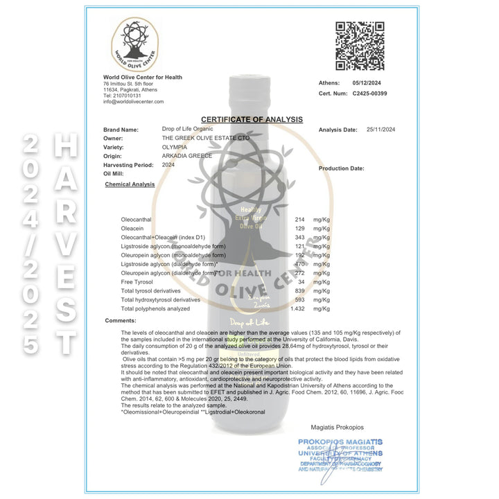 Organic Drop of Life, Extra Virgin Olive Oil - Harvest 2024/2025 - OLYMPICCO.COM