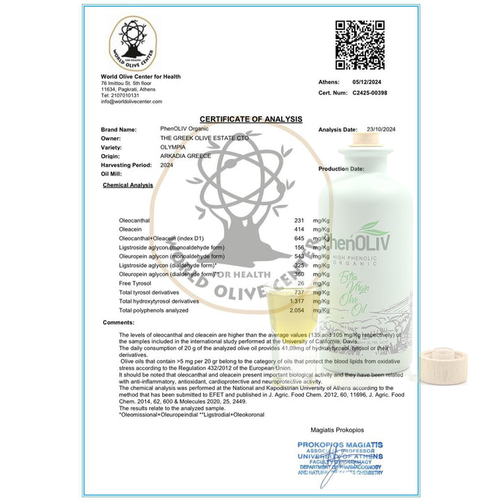PhenOLIV Organic Extra Virgin Olive Oil, High Phenolic Content 2110mg/kg - Harvest 2024 /2025 - OLYMPICCO.COM