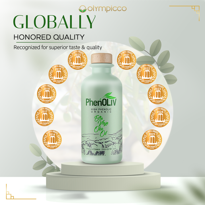 PhenOLIV Organic Olive Oil High Phenolic bottle showcasing awards for quality and taste, highlighted in a modern design.