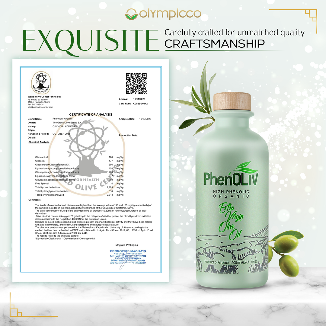 PhenOLIV Organic Olive Oil High Phenolic with Certificate of Analysis showcasing quality and craftsmanship in 200ML bottle.