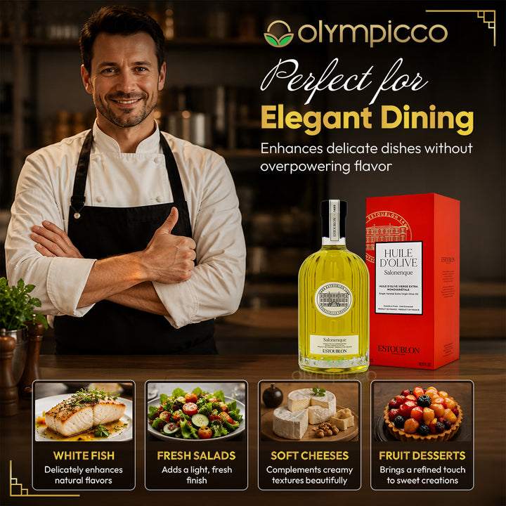 Luxury Château Estoublon Salonenque olive oil 500ml on elegant table setting gourmet dining Provence style with a chef and food applications on a table