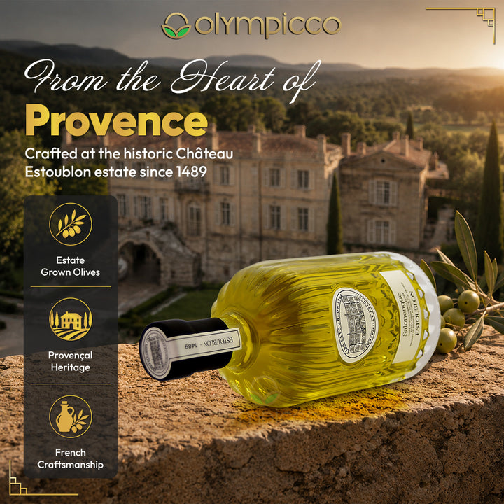 Château Estoublon Salonenque extra virgin olive oil label detail close-up premium French EVOO 