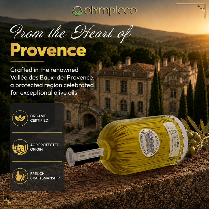 Luxury Estoublon olive oil gift box packaging for organic AOP Vallée des Baux-de-Provence extra virgin olive oil