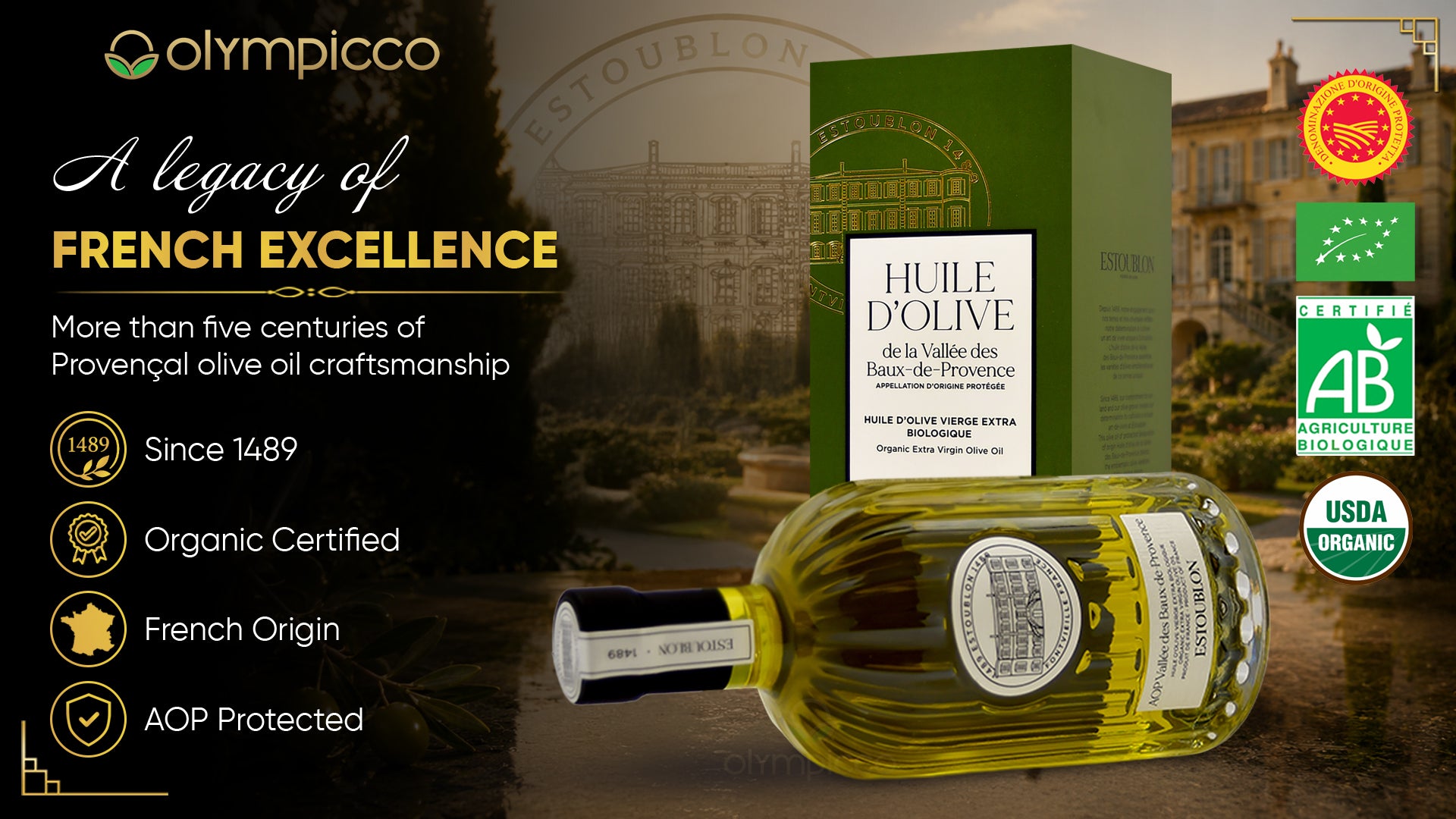 Estoublon Organic AOP Vallée des Baux-de-Provence Extra Virgin Olive Oil Gift Box | Premium French EVOO - OLYMPICCO.COM