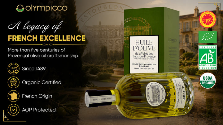 Estoublon premium organic extra virgin olive oil bottle from Vallée des Baux-de-Provence AOP France with elegant label design