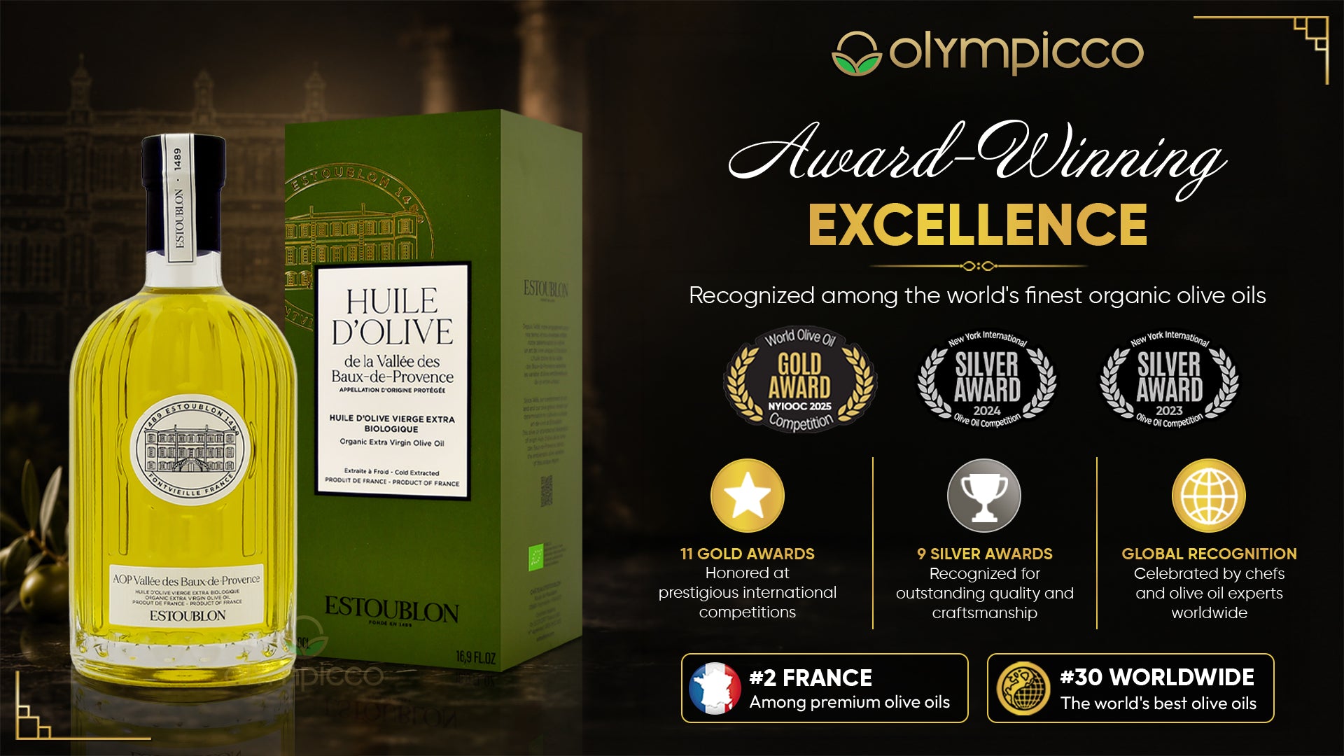 Estoublon Organic AOP Vallée des Baux-de-Provence Extra Virgin Olive Oil Gift Box | Premium French EVOO - OLYMPICCO.COM