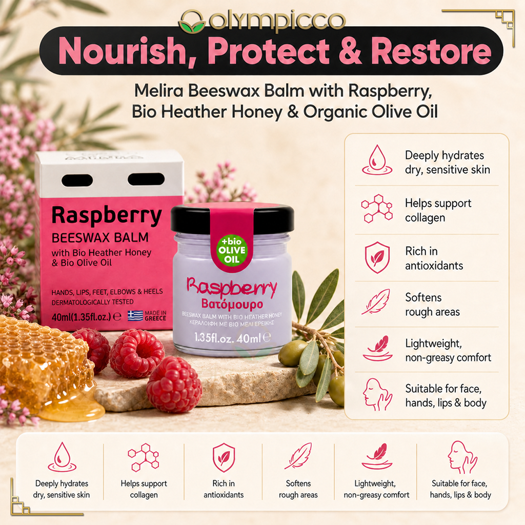 Melira Beeswax Balm with Raspberry, Bio Heather Honey & Organic Olive Oil | Natural Skin Repair | Made in Greece - OLYMPICCO.COM