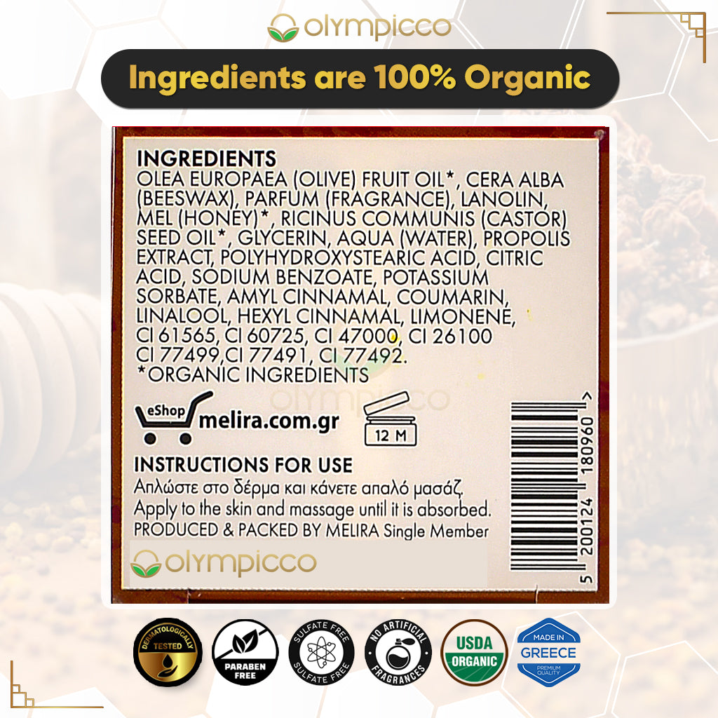 Melira Propolis Beeswax Balm with Organic Oak Honey & Olive Oil | Dermatologically Tested | Natural Repair for Dry & Sensitive Skin | Made in Greece - OLYMPICCO.COM