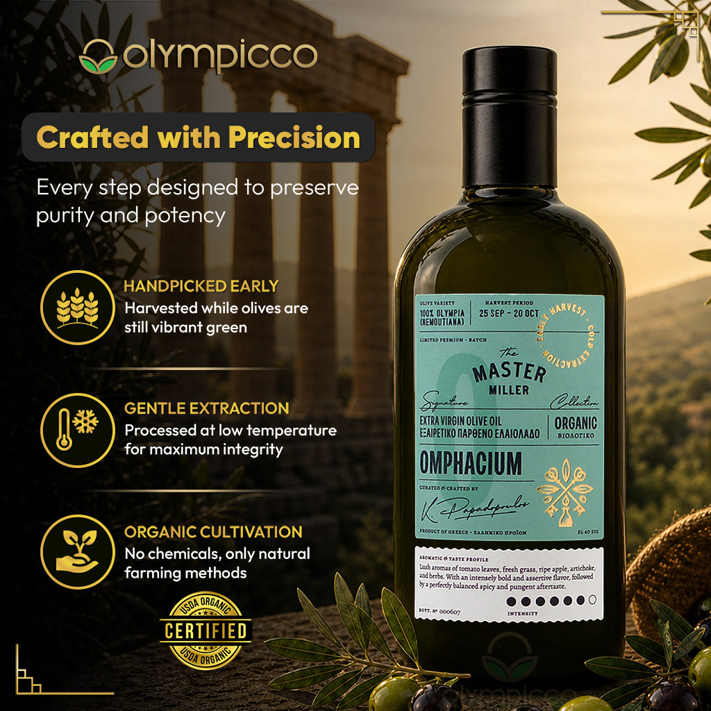 The Master Miller Omphacium Organic Early Harvest EVOO - High-Phenolic, Award-Winning - OLYMPICCO.COM