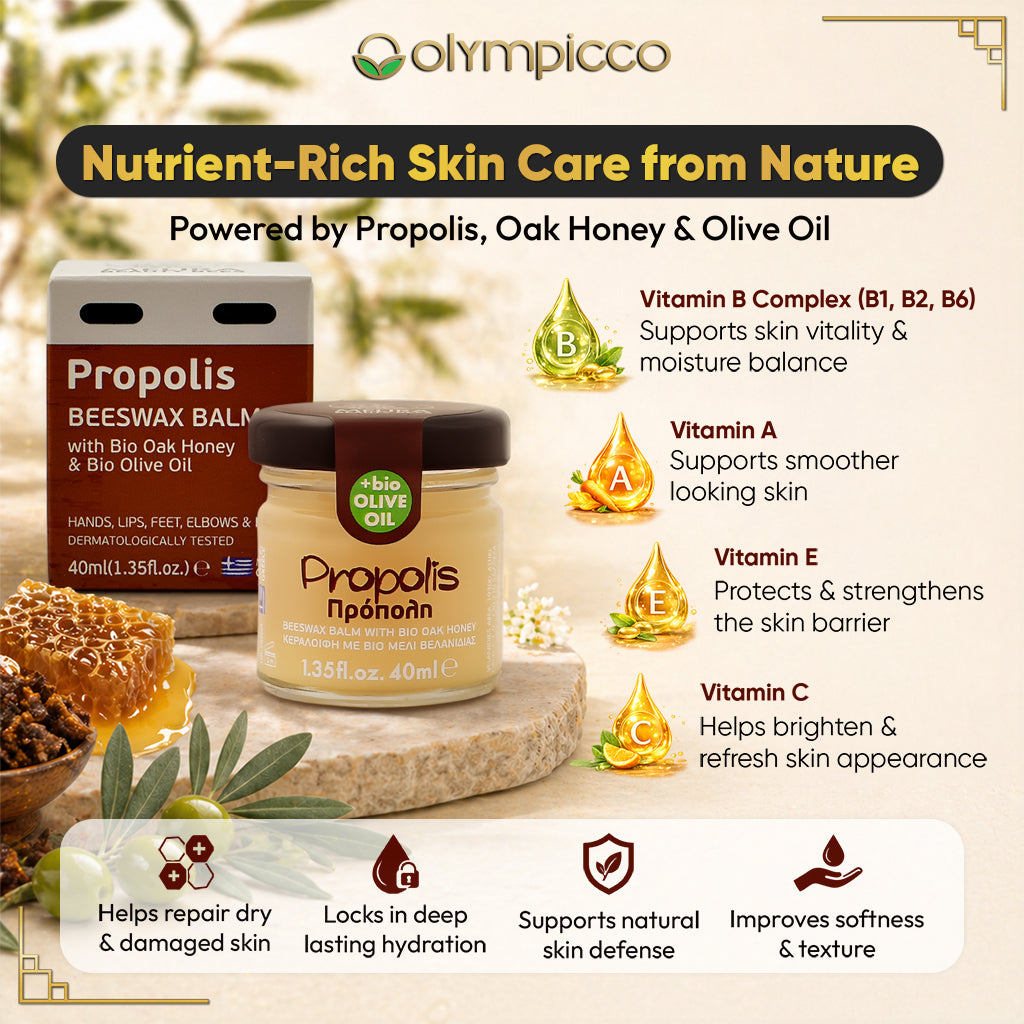 Melira Propolis Beeswax Balm with Organic Oak Honey & Olive Oil | Dermatologically Tested | Natural Repair for Dry & Sensitive Skin | Made in Greece - OLYMPICCO.COM