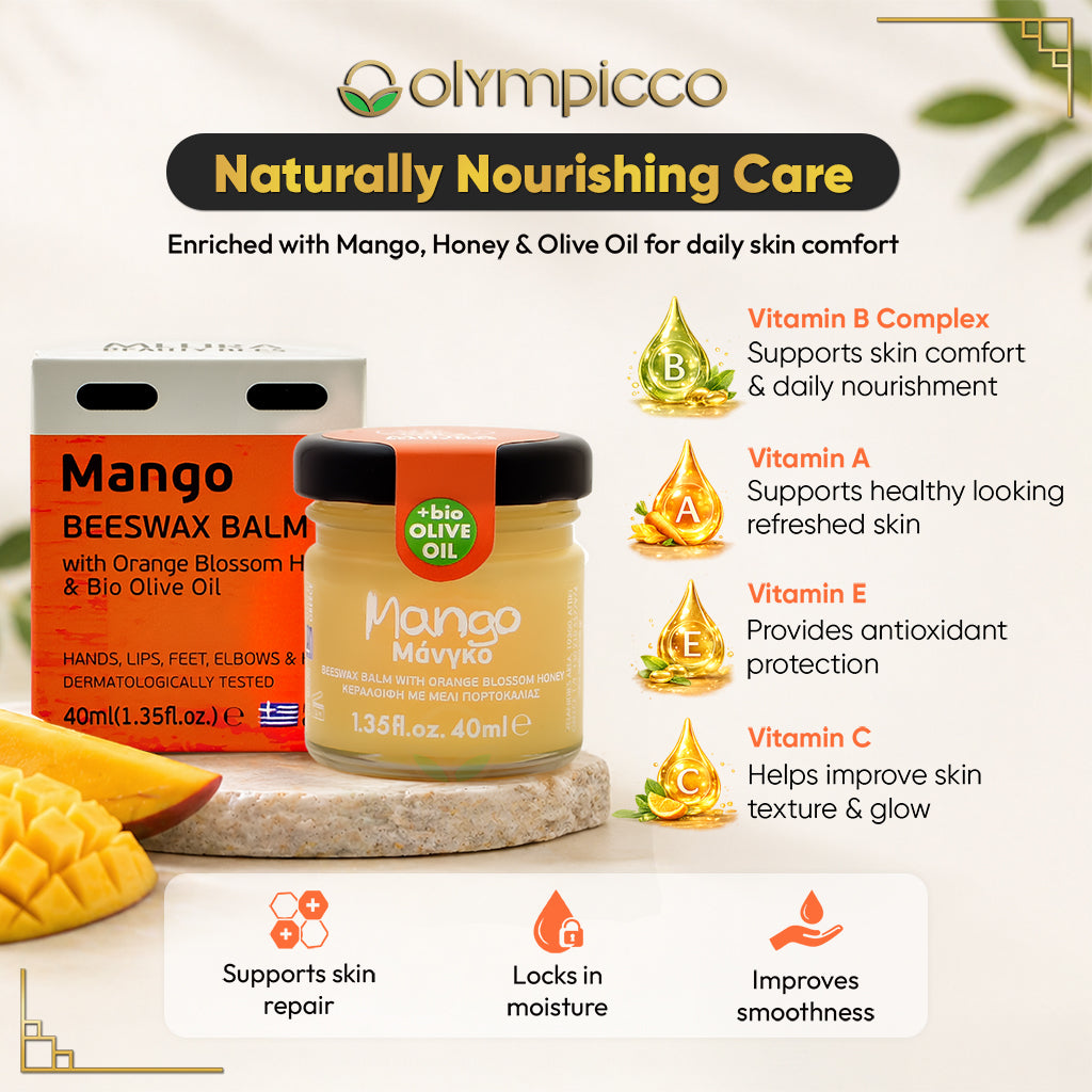 Melira Beeswax Balm Mango with Orange Blossom Honey & Organic Olive Oil | Natural Skin Repair | Made in Greece - OLYMPICCO.COM