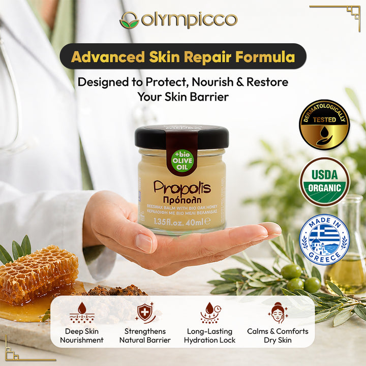 Melira Propolis Beeswax Balm with Organic Oak Honey & Olive Oil | Dermatologically Tested | Natural Repair for Dry & Sensitive Skin | Made in Greece - OLYMPICCO.COM