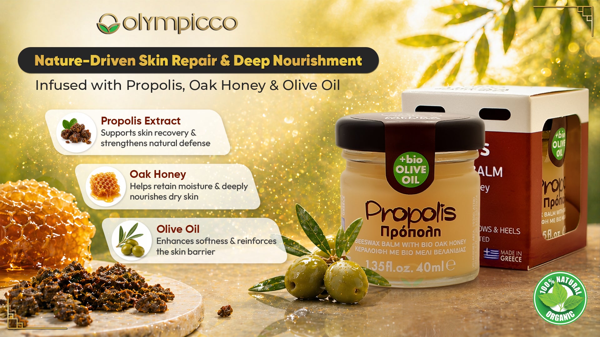 Melira Propolis Beeswax Balm with Organic Oak Honey & Olive Oil | Dermatologically Tested | Natural Repair for Dry & Sensitive Skin | Made in Greece - OLYMPICCO.COM