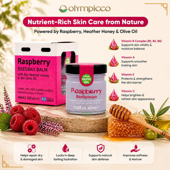 Melira Beeswax Balm with Raspberry, Bio Heather Honey & Organic Olive Oil | Natural Skin Repair | Made in Greece - OLYMPICCO.COM