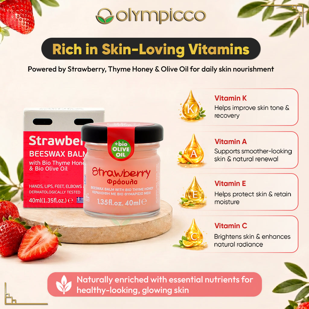 Melira Strawberry Beeswax Balm | Bio Thyme Honey & Organic Olive Oil | Natural Multi-Purpose Skin Balm - OLYMPICCO.COM