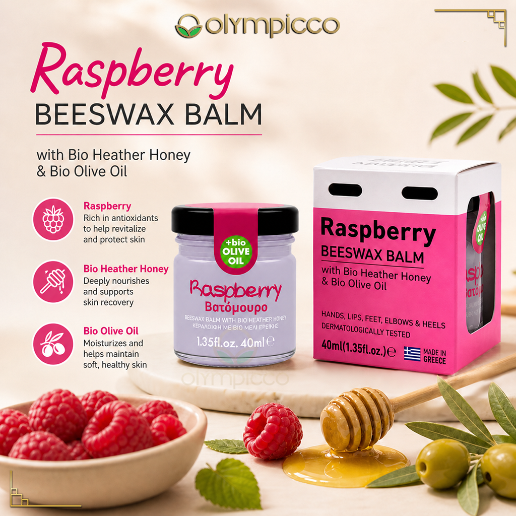 Melira Beeswax Balm with Raspberry, Bio Heather Honey & Organic Olive Oil | Natural Skin Repair | Made in Greece - OLYMPICCO.COM