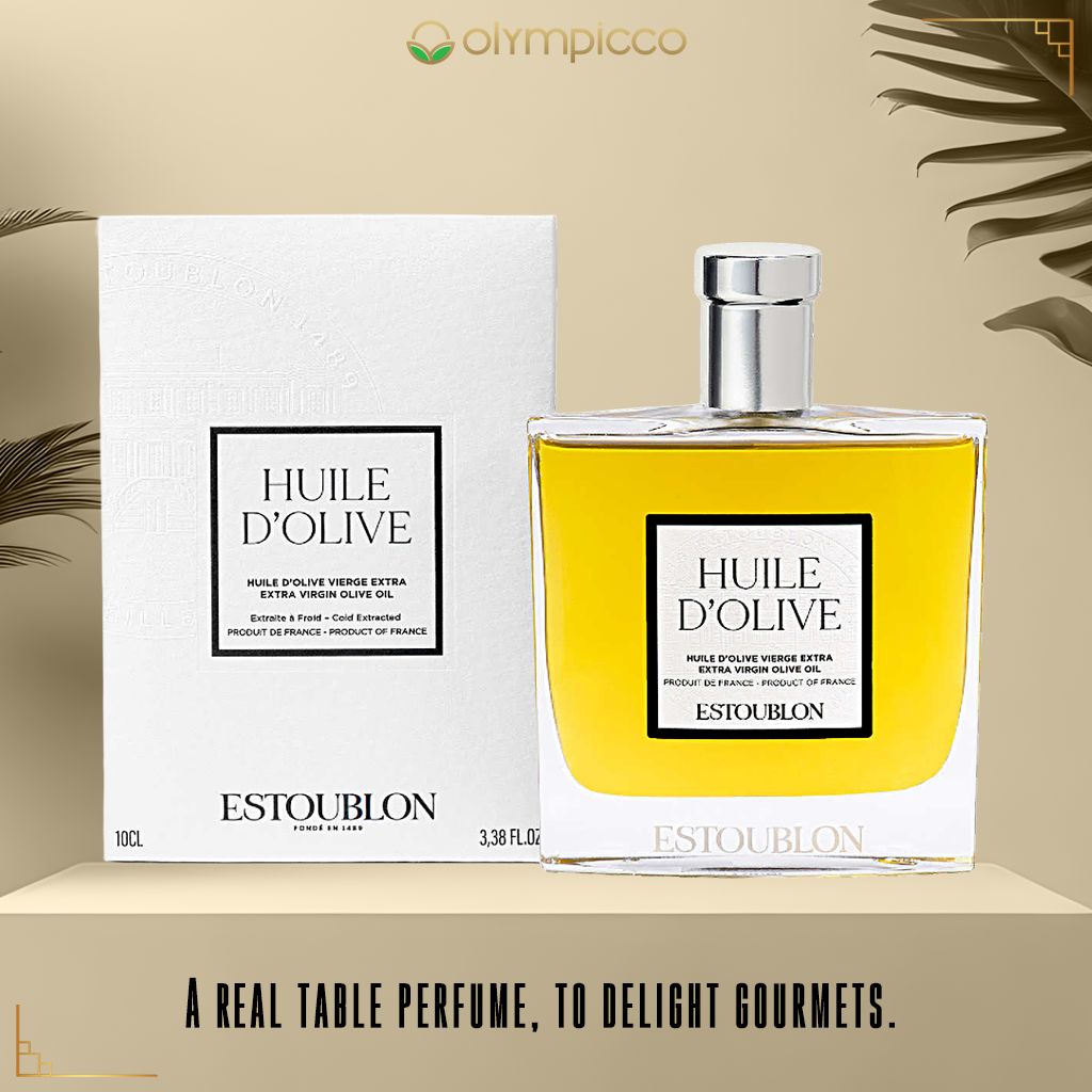 Estoublon Huile d'Olive bottle 100ml and packaging on a beige background