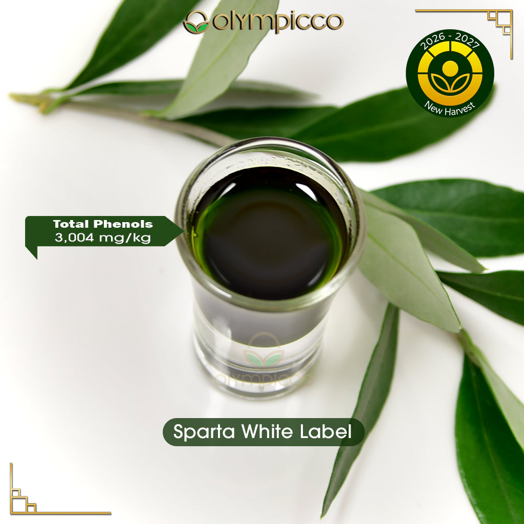 Sparta Medicinal Organic High-Phenolic Olive Oil White Label Limited Edition 250mlA small clear glass vial filled with dark olive-green liquid 